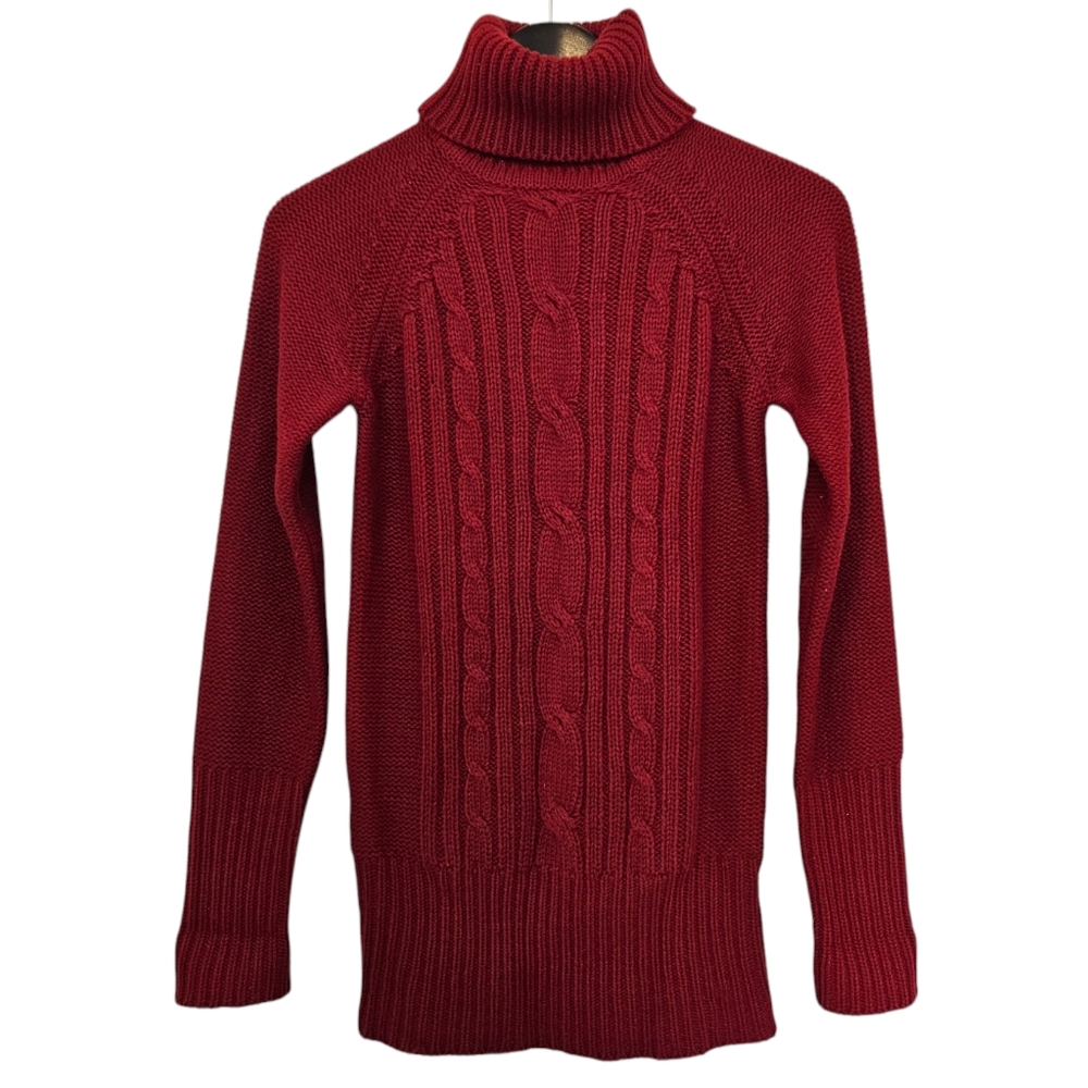 Red Turtleneck Sweater with Cable Knit Design